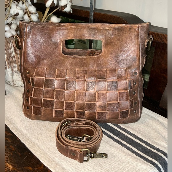 Bed Stu Orchid Woven Leather Handbag Crossbody Bag Teak Brown Retail $280 - Picture 2 of 12